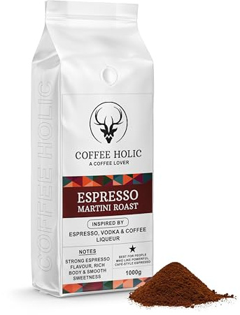 Coffeeholic Espresso Martini Vodka Roast Ground Coffee 1kg – Strong Espresso with Smooth Sweetness, Medium Roast Ground Coffee for Cafetiere, Espresso Machines & Moka Pot, Ground Coffee Gift Set