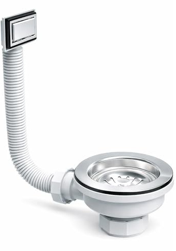 Válvula de Desagüe para Fregadero de Cocina 115 mm con Rebosadero Cuadrado o Circular – Evita Atascos y Fugas, Cesta Filtrante y Tubo Ajustable – Instalación Fácil para Reformas | FLUVIA