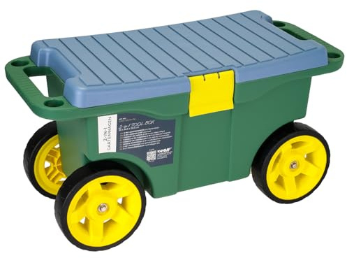 HMF Carrito de jardín 2 en 1 con asiento y espacio de almacenamiento, taburete de jardín con ruedas grandes, asiento con ruedas para jardinería de hasta 100 kg, 55 x 26,5 x 29,5 cm, color verde