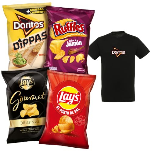 Pack Variado de 8 Bolsas LAY’S Sal, DORITOS Dippas, RUFFLES Jamón, LAY’S Gourmet, 4 Packs de 2 Bolsas Individuales para Aperitivo y Consumo Diario + Camiseta de Regalo