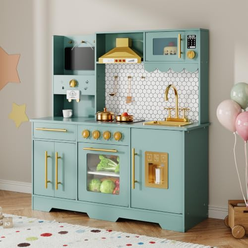 GarveeTech Mud Kitchen for Kids, Wooden Toy Kitchen with Lights & Sounds, Outdoor Pretend Kitchen Playset with Cookware Accessories & Working Water Tap, Toy Play Kitchen for Boys Girls