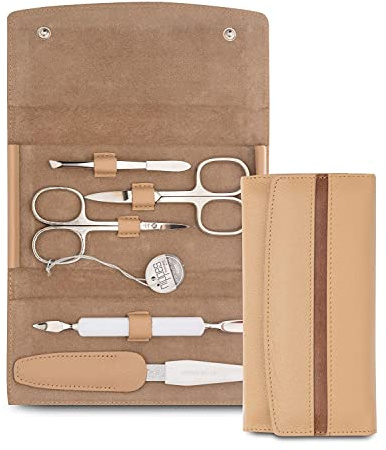 nippes Solingen Premium Line Maniküre Set GAP, 5-teilig, Edelstahl rost- und nickelfrei, Rindleder-Etui mit Druckknopf, Hellbraun, Nagelpflege Set, Maniküre Pediküre, Made in Germany | rost- und nickelfrei, Druckknopf-Verschluss, hellbraun, kompaktes Format, für Reise und Alltag