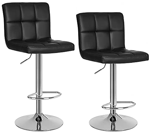 SONGMICS Chaises de Bar, Lot de 2, Tabourets Hauts, Hauteur Réglable, Revêtement en PU, Rotatif sur 360°, avec Dossier et Repose-pieds, Pied Chromé, Noir LJB64B