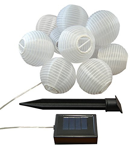 LumaBase Solar Powered String Lights with 10 Nylon Lanterns - White