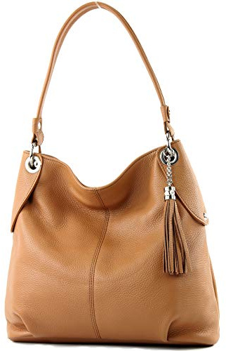 modamoda de T185 Damen Leder Schultertasche Handtasche handmade in Italy, Farbe:Camel