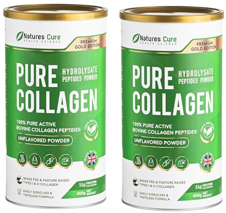 Bovine Hydrolysed Collagen Protein Peptides Powder Food Suplement Unflavoured Kosher and Halal Certefied from Bovine Hides (2X 450gr Cans)