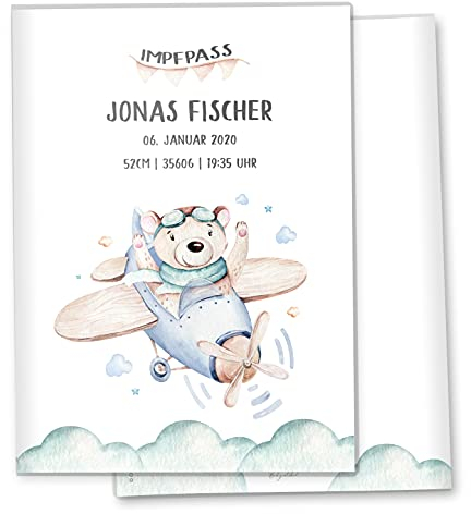 Impfpasshülle Flugzeug Ausweishülle Schutzhülle für Dokumente & Impfpass MIT DER GRÖßE 9,3 x 13CM personalisierbar mit Namen (Bär Flugzeug, Impfpasshülle personalisiert)