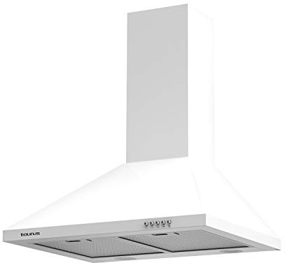 Taurus PR60WHAL - Campana extractora decorativa, blanco brillante, ancho 60cm, 650m3/h de extracción, 3 velocidades, mandos mecánicos, eficiencia A, LED, 200W, filtros aluminio lavables multicapa