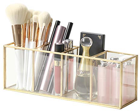 SLHEQING Make up Organizer, Pinselhalter, Stifthalter, Glas und Messing Schreibtisch Organizer, Kosmetik Aufbewahrung für Pinsel, Eyeliner, Lippenstift