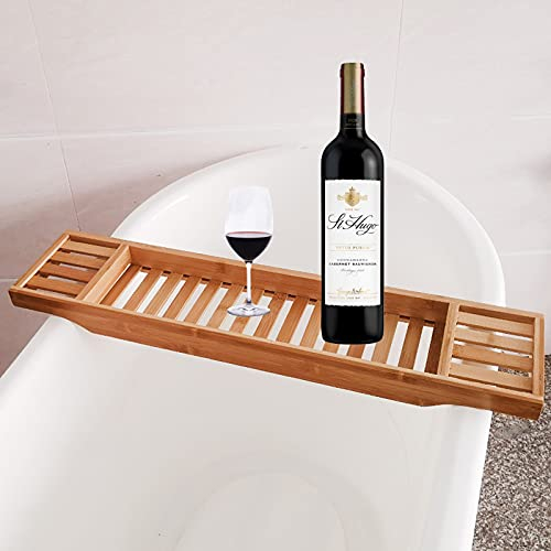 YSISLY Badewannenregal aus Bambusholz, Badewannenablage aus Holz, Brücke, ordentlich, Badezimmer-Regal, Organizer, Aufbewahrung, Badtisch zum Lesen von Tabletten, Weingläsern, Badzubehör (rudes Holz)