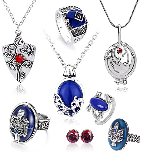 HJYZY 8 Stück Vampire Schmuck Daywalking Katherine Sapphire Elena Eröffnung Eisenkraut Medaillon Bonnie Halskette Salvatore Damon Stefan Familienwappen Ring Diamant Ohrstecker