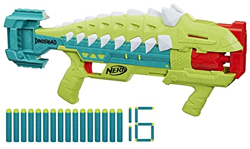 Nerf DinoSquad Armorstrike-pilblaster, roterande trumma som rymmer åtta pilar, 16 pilar, utomhuslekar för barn, dinosaurieleksaker för barn från 8 år, Ankylosaurus-design