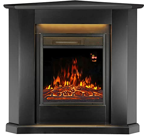 Juskys Elektrokamin 1000/2000 W mit Heizung, Kaminfeuer, Flammeneffekt, Fernbedienung, LED Beleuchtung & Timer - Elektrischer Kamin Eckkamin schwarz
