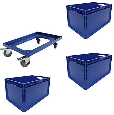 Schnellkarton Set 3 Euroboxen + Rollwagen Transportwagen Transportroller Eurobehälter Lagerbox Blau Kistenroller Behälter Lagerkiste Stapelbox Lagerkasten Box Euronormbox Eurokiste Blau