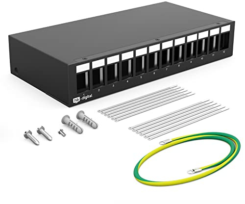 hb-digital 12-port patchpanelhölje för Keystone-moduler med t.ex. RJ45-uttag RJ11 Socket antennkontakt F-kontakt USB-C USB-A BF/AF HDMI polklämma gängad bussning BNZ – svart
