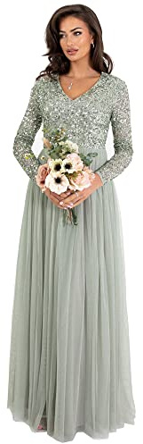 Womens Ladies Dress Sleeve for Wedding Guest V Neck High Empire Waist Maxi Long Length Evening Bridesmaid Prom