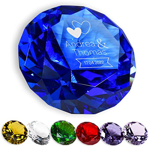 polar-effekt Diamant Glas-Briefbeschwerer in Blau mit personalisierter Gravur - personalisiertes Hochzeitsgeschenk mit Name - ideal zum Hochzeitstag und Jahrestag - das Geschenk für Liebespaare