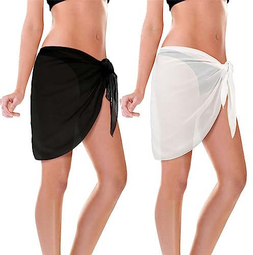 Kiiwah 2 Stück Damen Strand Wrap Sarong, Vertuschung Chiffon Badeanzug Kurz, Bikini Cover up Sexy Strand Wickelrock Sarong Pareo Schwarz und Weiß