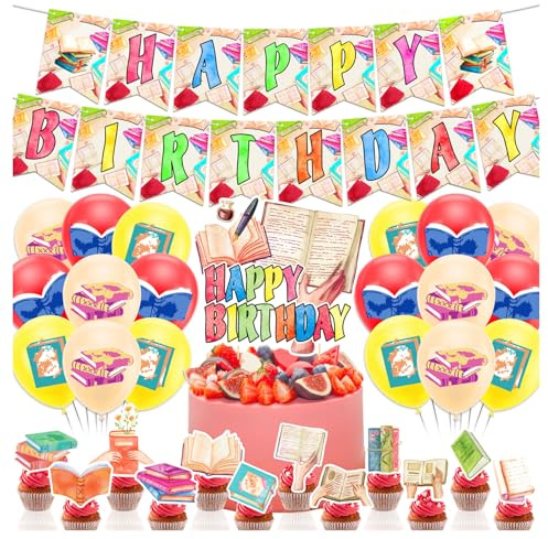 Books Party Decorations for Library Party Supplies including Book Happy Birthday Banner, Cake Toppers, Cupcake Toppers, Balloons