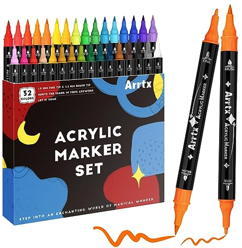 Arrtx 32 Farben Acrylstifte für Erwachsene, Künstler - Dual Tip Acrylfarbe Marker für Rock Painting, Holz, Keramik, Stoff, Glas, Leinwand, Kunststoff, Metall, Stein Und DIY Crafts, Acrylic Marker Set