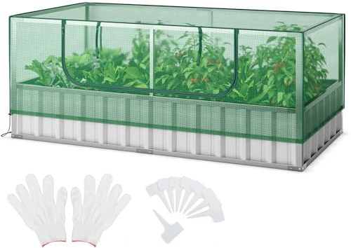 GOPLUS Hochbeet mit Gewächshaus, 2 in 1 Metall Pflanzkasten mit PE-Abdeckung, Blumenbeet mit belüftetem Fenster, Gartenbeet Frühbeet für Blumen, Kräuter, Gemüse & Obst, 174 x 90 x 70 cm