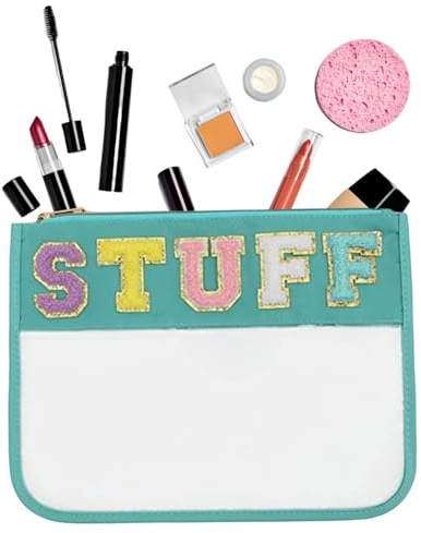 Clear Makeup Bag Chenille Letter Bag Clear Flat Stuff Bag Makeup Pouch Multi-purpose Cosmetic Bags with Zipper Clear Make Up Bag for Women Travel Gym Beach