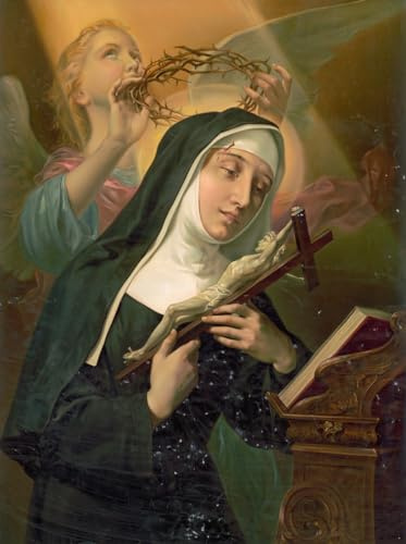 Female saint holding crucifix while crown of thorns is placed on her head by an angel (1914) Poster Print by Anonymous (24 x 36)