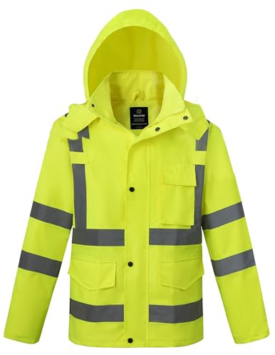 wantdo Safety Rain Jacket for Men Reflective, High Visibility Waterproof Rain Coat with Detachable Hood, Yellow, XX-Large