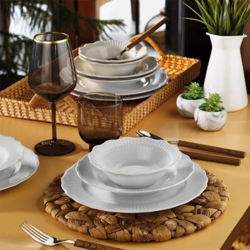 Vajilla de Porcelana blanca Porland Frilly - Vajilla de 18 Piezas Blanca– completa y elegante para 6 personas