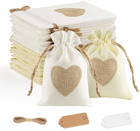 Organza-Geschenkbeutel, 30 Stück, Hochzeits-Schmuckbeutel mit 30 Karten + 10 m Hanfseil, wiederverwendbare Jutebeutel mit Kordelzug für Weihnachten, Party, Geburtstag, Süßigkeiten, Schokolade, 2
