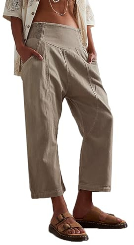 Cffvdiz Dam Baggy Barrel Jeans Mid-Rise Straight Wide Leg Denim Pants Ankle Jeans,Khaki,S