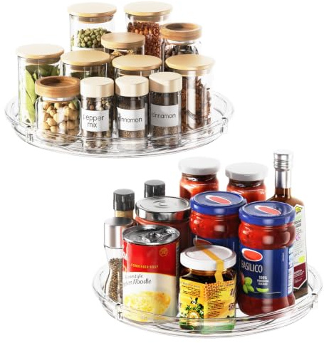 LAMU 2 Pack 23.5CM Lazy Susan Turntable for Cupboard, Rotating Spice Organiser for Cabinet, Kitchen, Table Top, Countertop, Pantry Fridge Organiser and Storage, Clear