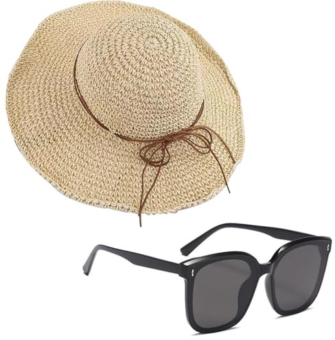 Sombrero de Paja, Gafas de Sol Plegables para Mujer, Sombrero para Playa