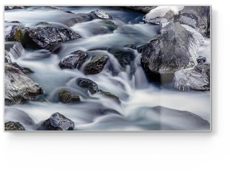 DEQORI Tagliere per la colazione in vetro, piccolo, 23 x 14 cm, motivo corsa del flusso invernale, tagliere di design per cucina, tagliere per la colazione, antibatterico e antiscivolo, piatto in