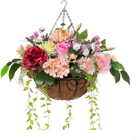 HOHOVYVY Artificial Hanging Basket, Artificial Plant, Outdoor, Weatherproof, Rattan Hanging Basket, Artificial Flowers, Special Decoration (E)