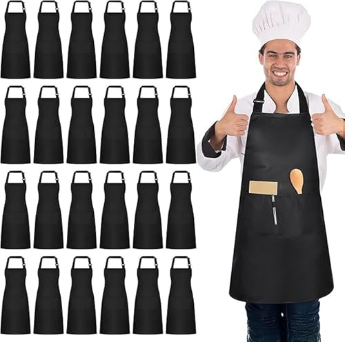 Xaztr 24 Pack Kitchen Adjustable Bib Apron with 2 Pockets, Black Bib Aprons Unisex Chef Cooking Aprons Bulk for Men Women Kitchen Crafting BBQ Drawing, 63 x 78cm