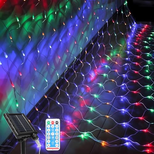 Eulenke lichternetz solar 2x2m, 240 LEDs Bunt Energieeinsparung lichternetz mit Fernbedienung, Helligkeit einstellbar, 8 Modi + Memory-Funktion, IP44, Lichtempfindlich Kontrolle