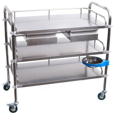 Allpax Laborwagen aus Edelstahl mit 3 Ablagen, zwei Schubladen und einem drehbaren Mülleimer, 800 x 480 x 860 mm, ca. 135 kg Tragfähigkeit - Materialwagen, Medizinwagen, Küchenwagen