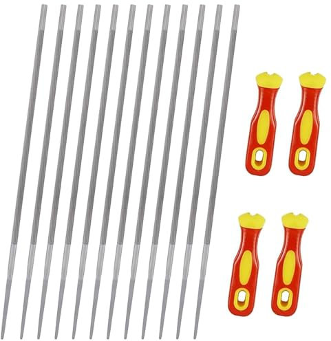 Wjelet 12 Stück Feile für Kettensägefeilen, 4 mm Kettensägenfeile mit 4 Griff, 3/8 Rundfeile Kettensägenfeile, Kettensäge Feilenset für Instandsetzen und Schärfwerkzeuge