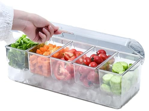 Plateau de Service Réfrigéré avec Couvercle - 5 Compartiments Transparent pour Épices et Assiette de Fête
