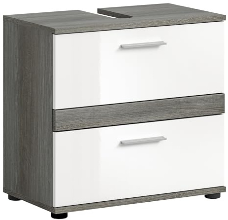 xonox.home - Waschbeckenunterschrank Blake 60x57x34 cm in rauchsilber und weiß Hochglanz - Unterschrank Badezimmerschrank Badmöbel - schöner Blickfang und Zeitloses Design