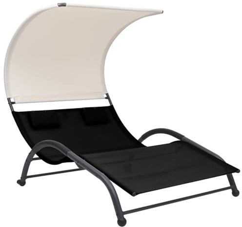 Xichuzi Doppel-Sonnenliege mit Sonnendach Textilene Schwarz, Gartenliege, Liegestuhl, Sonnenstuhl, Sonneninsel Outdoor, Liegen, Gartenmöbel, Bäderliege, Relaxliege - 310543