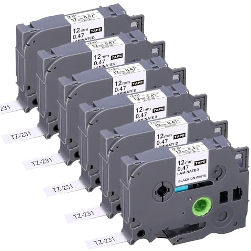 6er-Pack Ersatz-Beschriftungsband für TZe231 Brother P-Touch Beschriftungsgerät, 12mm (0,47 Zoll) laminiertes weißes Tz-Band, kompatibel mit PT-D210, PT-D200, PT-D220, PT-H100, PT-H110, PT-D600, Schw