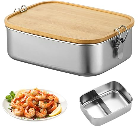 LEKEFETO Brotdose Edelstahl 1200ML: 2 Fächern Brotdose Erwachsene/Kinder Lunch Box mit Holzdeckel, Auslaufsicher Lunchbox, BPA-frei, Bento Box Frühstücksbox für Schule, Ausflüge, Picknick, Arbeit (B)