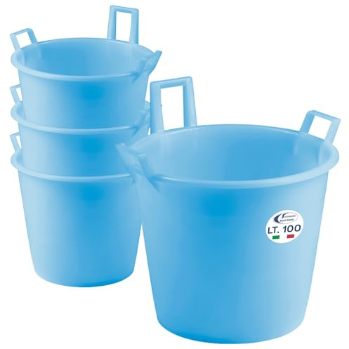Sicignano | Juego de 4 cubetas de polietileno con 3 asas – Multiusos para recogida, transporte, limpieza, jardinería, uso alimentario – Resistente, espacioso, ligero (azul, diámetro 65 x 47 cm)