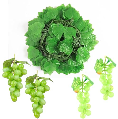 Attuslla Lot de 4 grappes de raisins artificiels et 12 chaînes de raisin artificielles, feuilles de vigne pour jardin, guirlande de mariage, décoration d'intérieur et d'extérieur