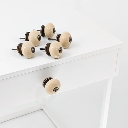 Knober 6er SET | 6 Stück Keramik Möbelknöpfe für Schrank und Schublade | Beige Silber Montur