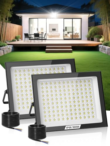 Litglobe Focos LED Exterior 500W 2 Pieza,50000LM Superbrillante Foco Exterior,6500K Blanco Frío Proyector LED Exter𝐢or,Impermeable IP66 Foco Luz para Jardín, Patios, Garaje, Terraza