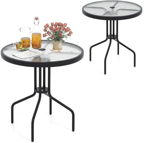 KOMFOTTEU Trädgårdsbord med 4 cm paraplyhål, bistrobord 70 x 70 x 71 cm av härdat glas, matbord runt med metallram, sidobord för balkong, Terreza