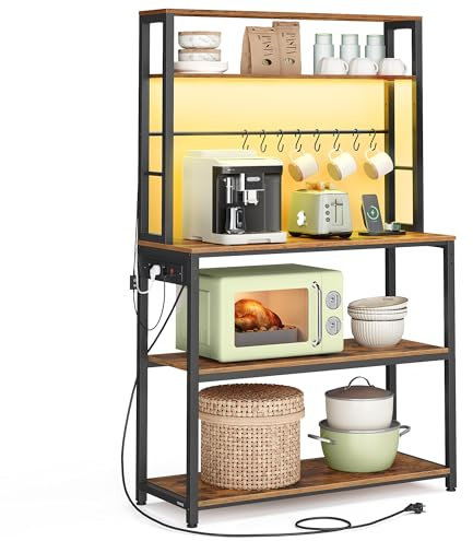 VASAGLE Scaffale da Cucina con LED, Scaffale per Microonde con Multipresa, Ripiani Regolabili, 8 Ganci, 40 x 80 x 168,4 cm, Marrone Vintage e Nero Opaco KKS050KD01